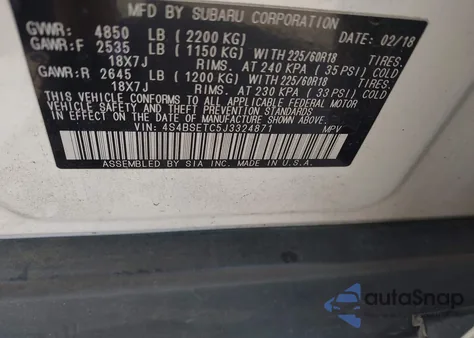 2018 Subaru Outback 3.6R Touring from USA, damaged, VIN 4S4BSETC5J3324871